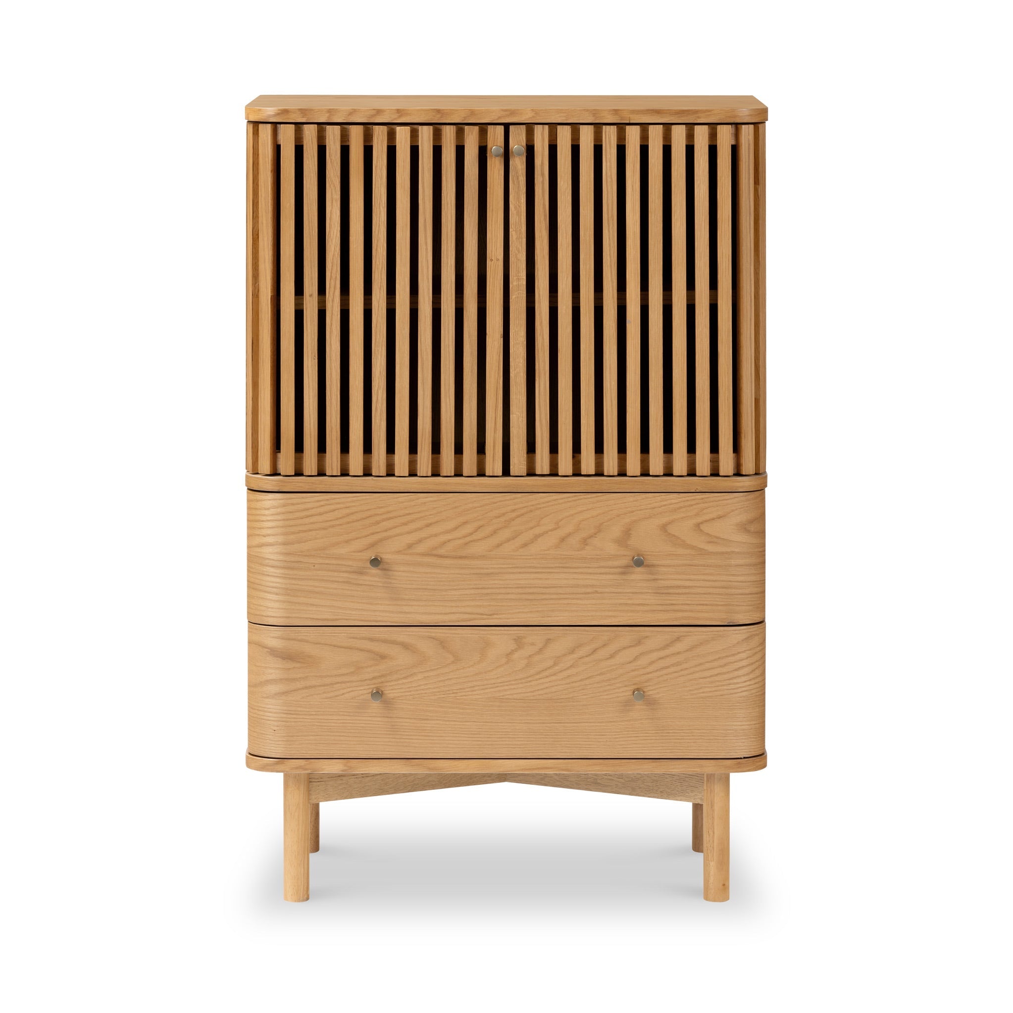 Oak Slatted 2 Drawer 2 Door Cabinet
