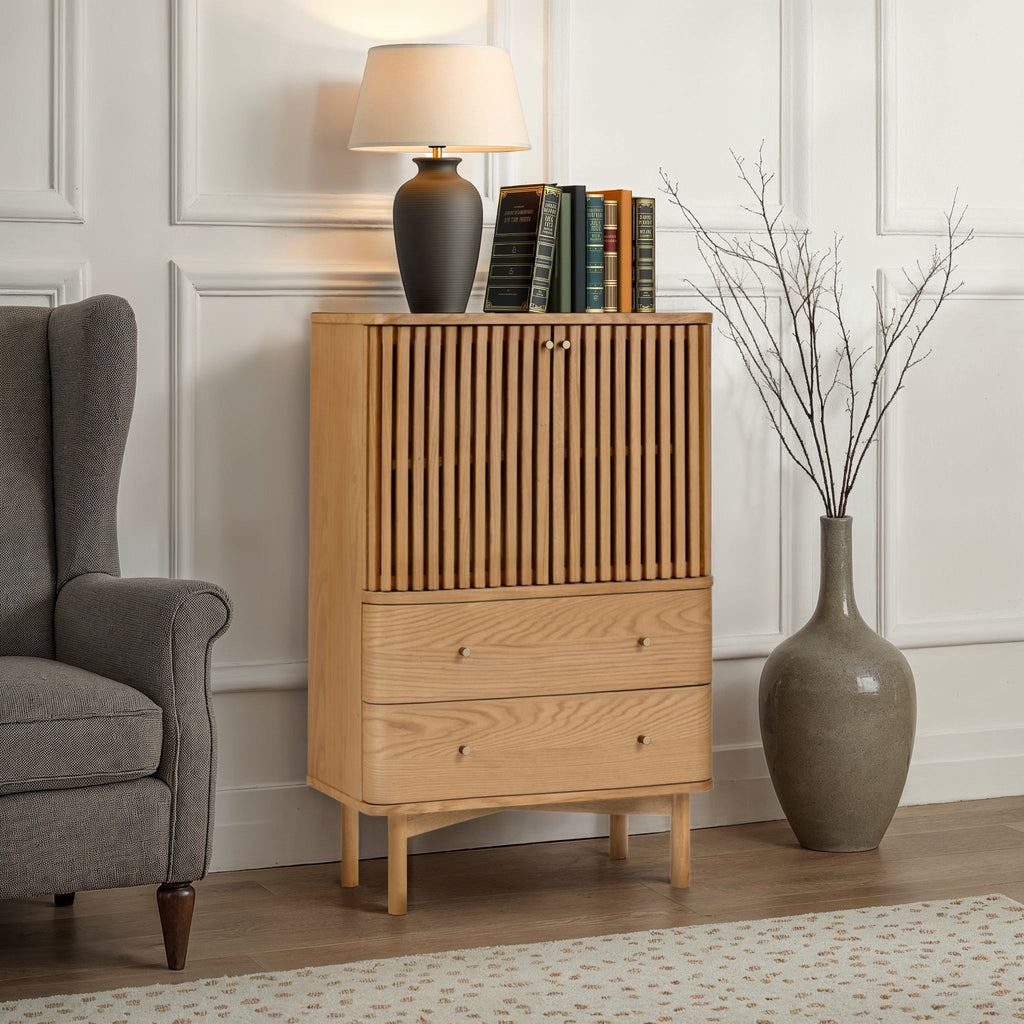 Oak Slatted 2 Drawer 2 Door Cabinet