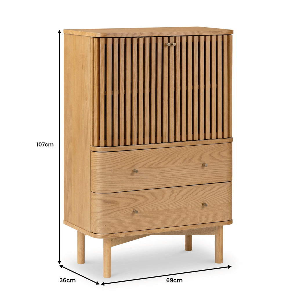 Oak Slatted 2 Drawer 2 Door Cabinet