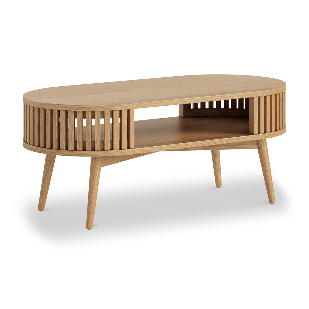 Oak Slatted Open Shelf Oval Coffee Table