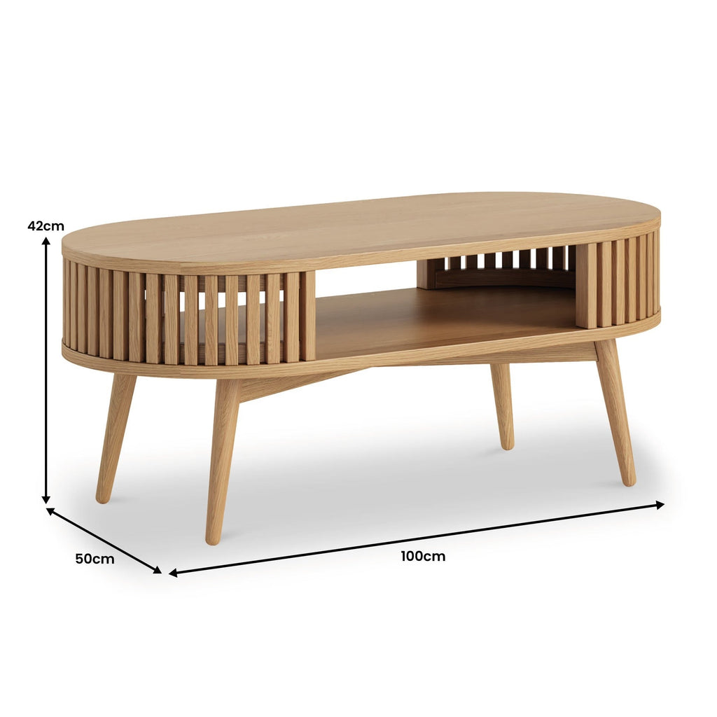Oak Slatted Open Shelf Oval Coffee Table