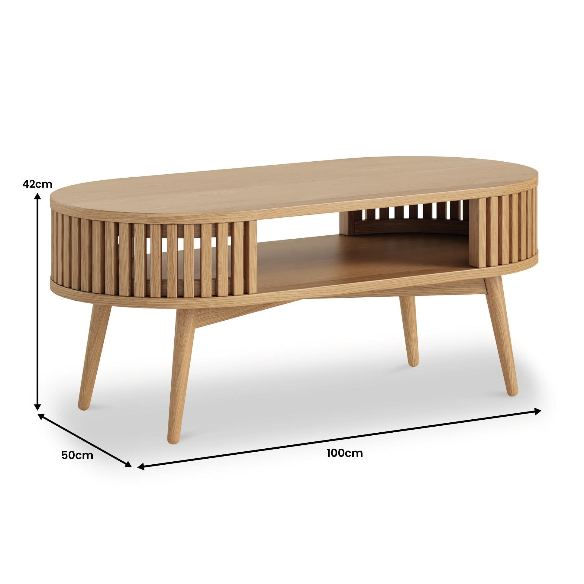 Oak Slatted Open Shelf Oval Coffee Table